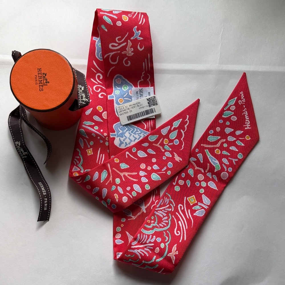Brand New Hermes Red Silk Scarf with Blue and White Accents